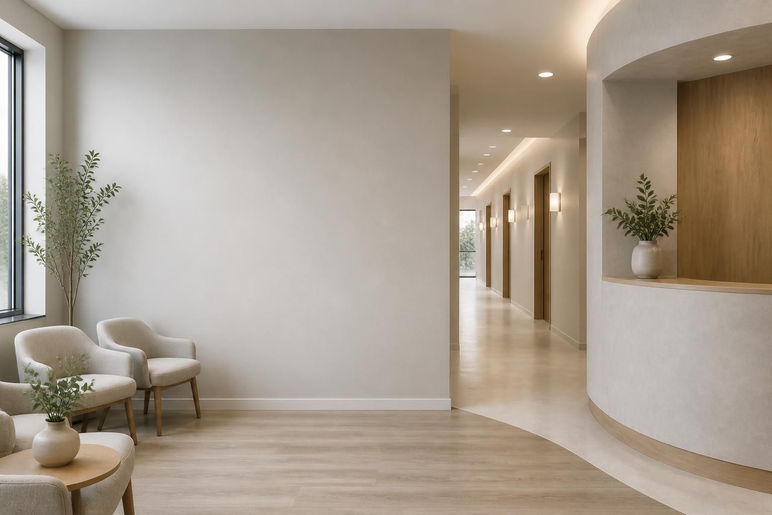 Calm dental clinic interior with open space and soft natural light.