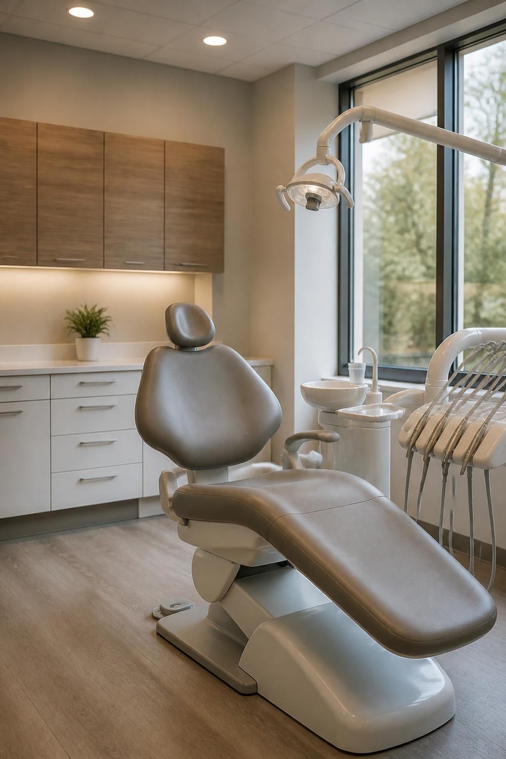 Inviting dental operatory with a clean chair and sleek cabinetry.