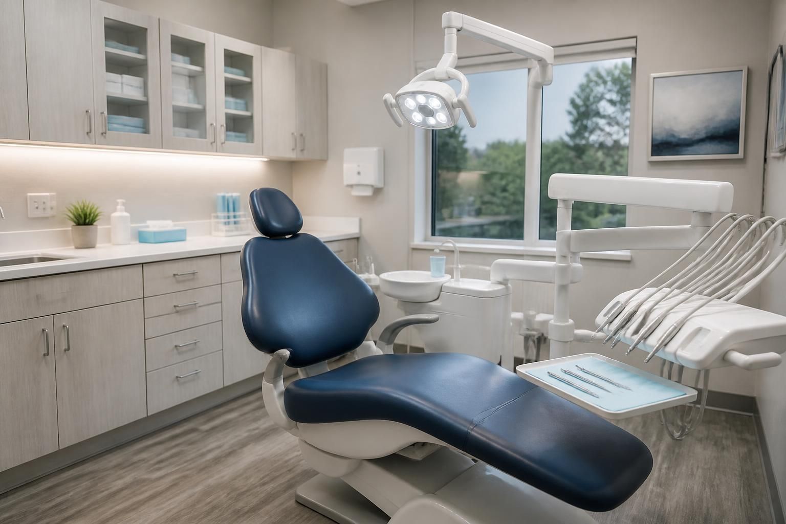 Bright dental emergency room with a clean chair and organized setup.