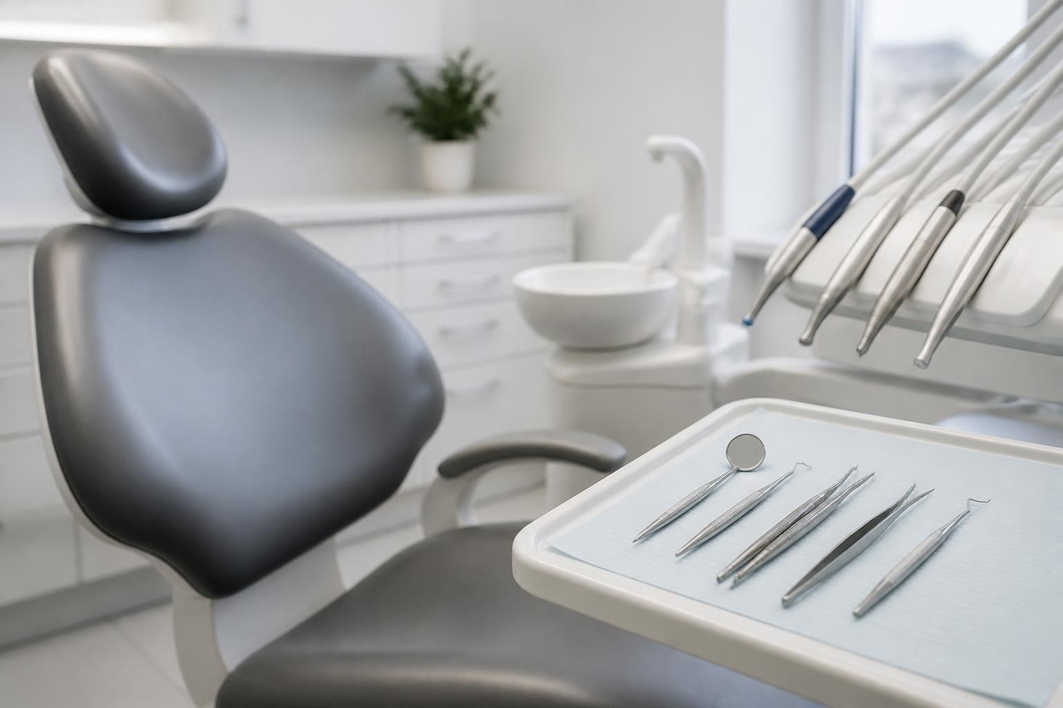 Clean modern dental exam room with a treatment chair and prepared instruments.