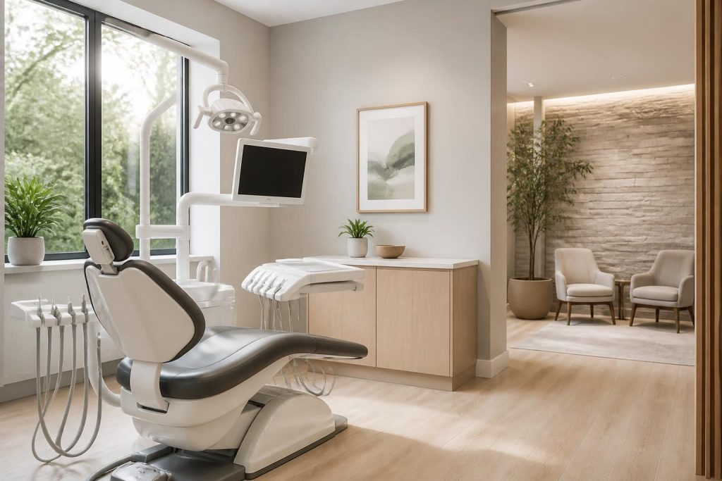 Modern dental office interior with a clean treatment chair and soft natural light.