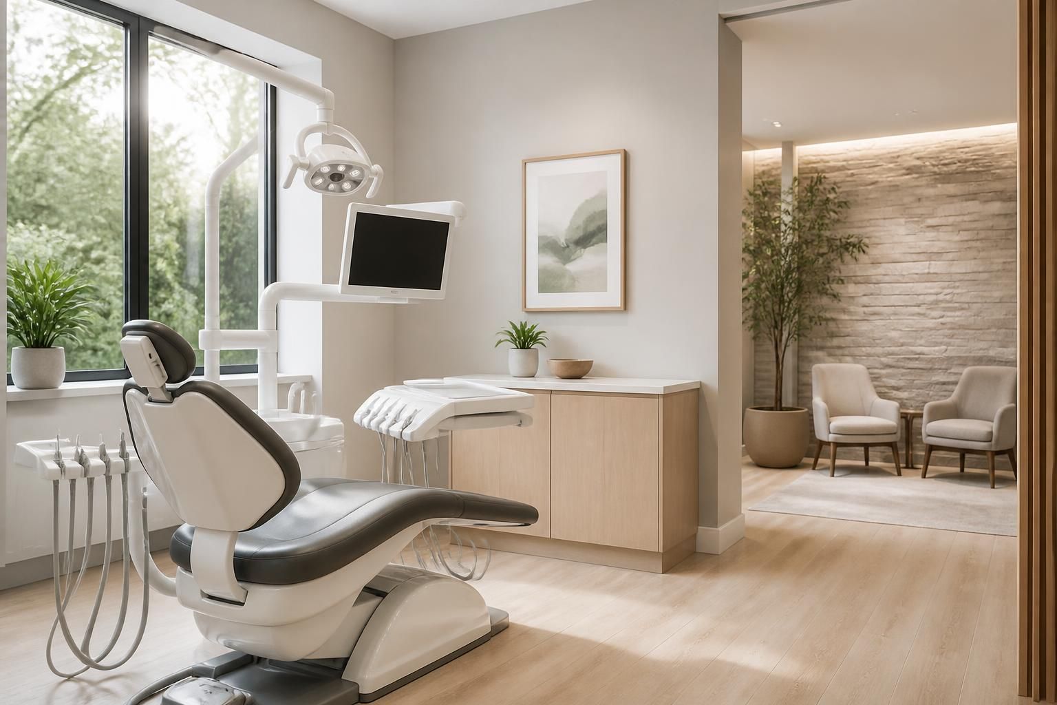 Modern dental office interior with a clean treatment chair and soft natural light.